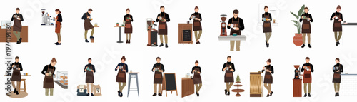 Comprehensive collection of flat vector illustrations depicting professional male and female baristas in aprons making and serving coffee in a modern cafe.