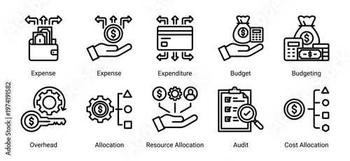 Budget control icon set icons including budget,expense,allocation,and audit.Ideal for accounting,business,and financial management design.