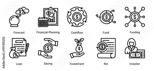 Financial flow icon set icons including cashflow,investment,forecast,and funding.Ideal for finance,business,and UI design.
