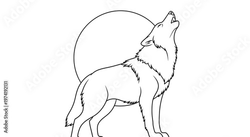 Striking line art illustration of a wild wolf howling at the full moon in a desolate wilderness, capturing the essence of nocturnal wildlife and primal instinct