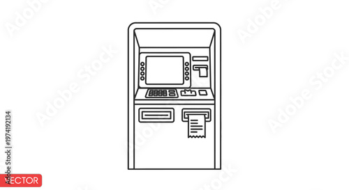 A detailed line drawing of an automated teller machine (ATM) with a screen, keyboard, and receipt dispenser, representing banking and financial services