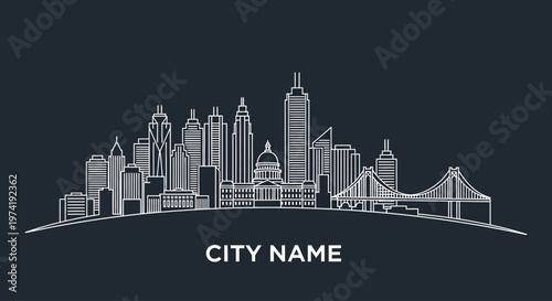 Cityscape illustration features a nighttime urban landscape with skyscrapers and bridge