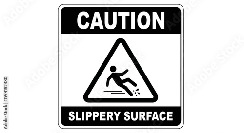 A caution sign warns of a slippery surface with a person falling.