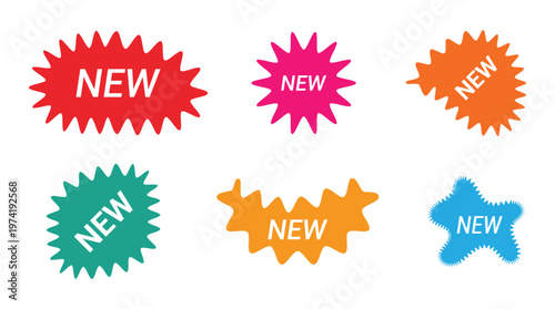 Colorful new arrival badge or sticker icon set. Modern promotional labels for sales and marketing.