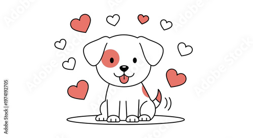 Cute dog surrounded by floating hearts in joyful expression sitting outdoors