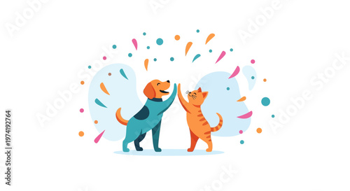 A vector illustration celebrates pet adoption day, showing a happy dog and cat giving each other a high-five against a clean white background filled with confetti, conveying a joyful
