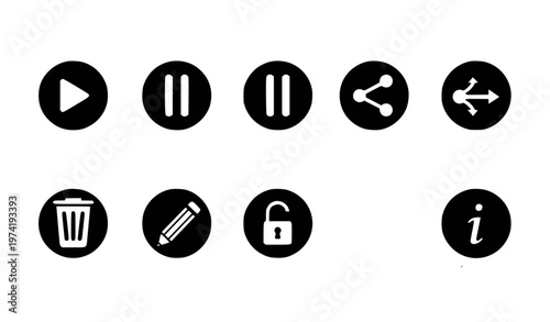 Rounded black white UI icons set minimal interface buttons vector