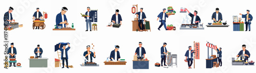 Collection of Japanese Street Food Vendors Preparing and Serving Traditional Snacks Like Takoyaki in a Flat Illustration Style