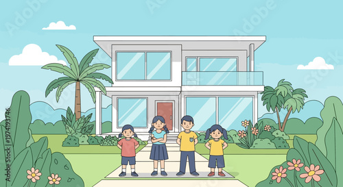 Family standing in front of a modern house on transparent background silhouette