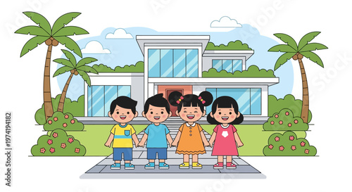 Children standing in front of a modern house on transparent background silhouette
