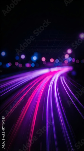 Pink Purple Neon Light Streaks on Dark Road with Bokeh City Lights