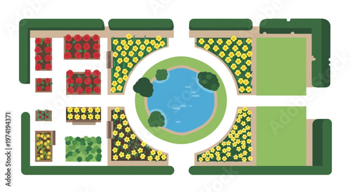 Aerial view of a formal garden with colorful flowerbeds silhouette on transparent background