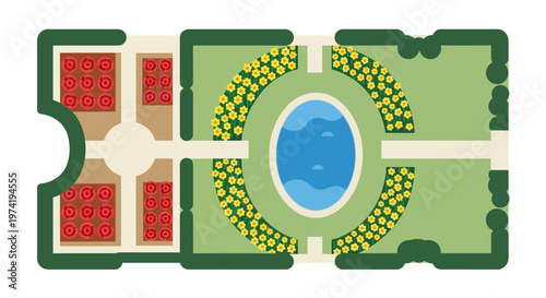 Aerial view of a formal garden plan on transparent background silhouette