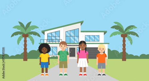 Diverse group of children standing in front of a modern house on transparent background silhouette