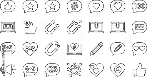 Large collection of social media marketing line icons featuring speech bubbles heart likes follower counts magnets and megaphone symbols for digital engagement and networking.