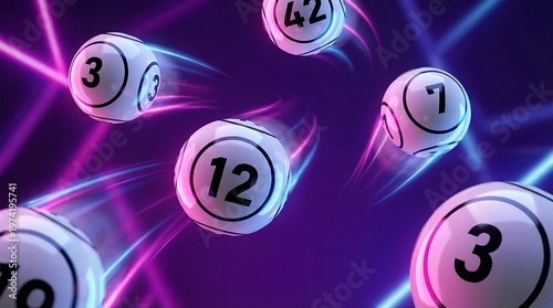 White lottery balls with numbers 3 7 12 19 42 flying in air with neon lights effect representing luck and chance in abstract background.