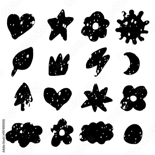 Cute crayon drawings icon set. Doodle chalk heart, sun, star, flower, crown, cloud, leaf