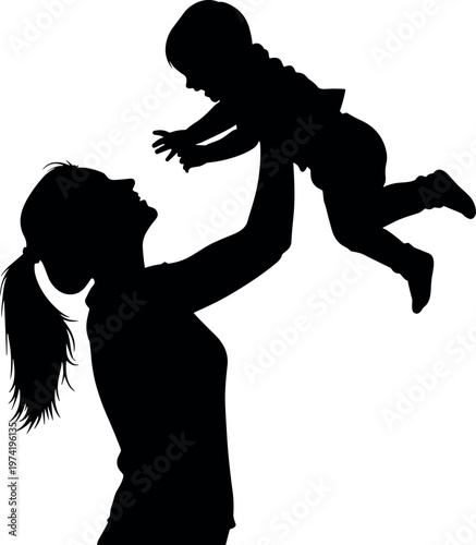 Silhouette of a happy mother lifting her young child in the air representing motherhood bonding love and family togetherness isolated