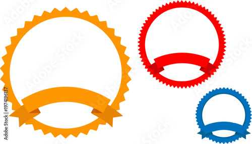 Blank serrated seal badges with ribbons, set of 3 colorful circular award frames, orange red and blue certificate stickers for marketing and promotion