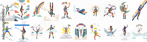A collection of colorful and whimsical illustrations depicting various skydiving and parachuting scenes with diverse characters and imaginative elements in a flat art style.