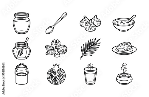 A set of simple line icons featuring traditional foods like honey, dates, figs, and pomegranate. Vector collection for healthy eating, holiday, and cultural design projects.