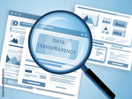 Magnifying glass scrutinizing digital web pages displaying data transparency on screen