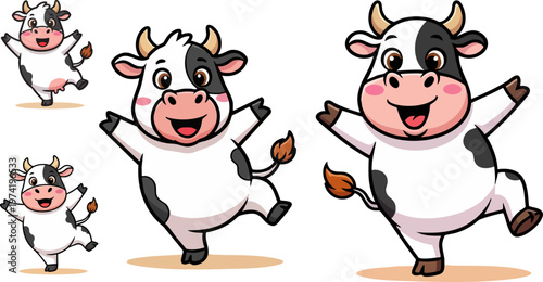 Cute cartoon cow character set, happy dancing dairy cow vector illustrations, cheerful farm animal mascot collection for children design