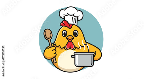 Cartoon chicken wearing chef hat.