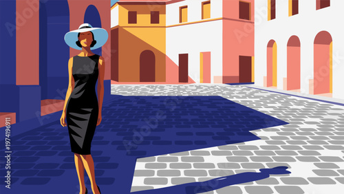 Woman in black dress standing by white building with pink accents on quiet cobblestone street vectorillustration