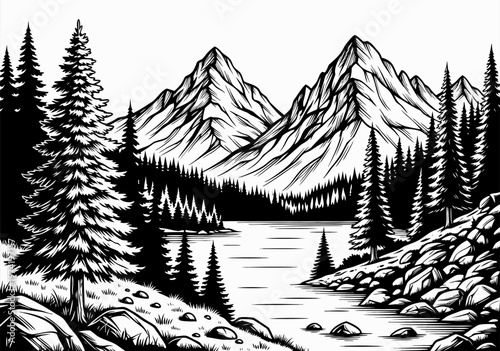 Vector illustration of tranquil lake, rugged mountains and dense forest in monochrome line art