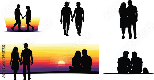 Couples silhouettes set over sunset backgrounds illustrating love and relationships