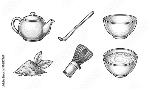 Matcha green tea ceremony equipment set. Hand drawn vintage vector illustrations. Teapot, bowl, whisk, powder, scoop for cafe menu, packaging, or traditional Japanese design.