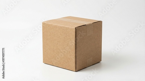 A brown cardboard box sits on a white surface in front of a plain white background.