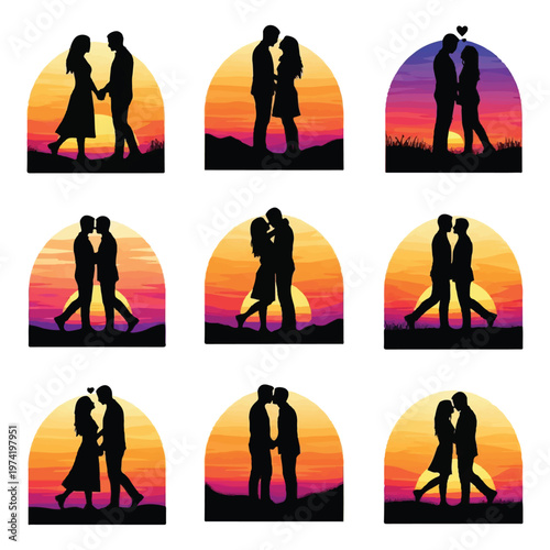 Couples silhouettes set over sunset backgrounds illustrating love and relationships