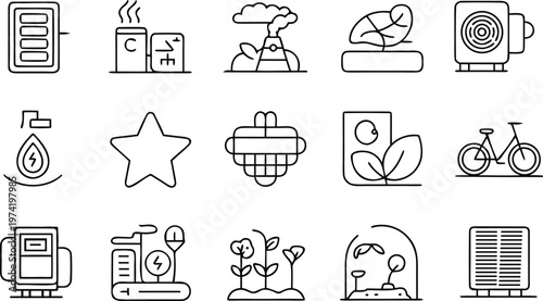 Sustainable energy and environmental conservation icon set featuring renewable power plant green technology industrial ecology and nature protection symbols cad drawing flat vector illustration