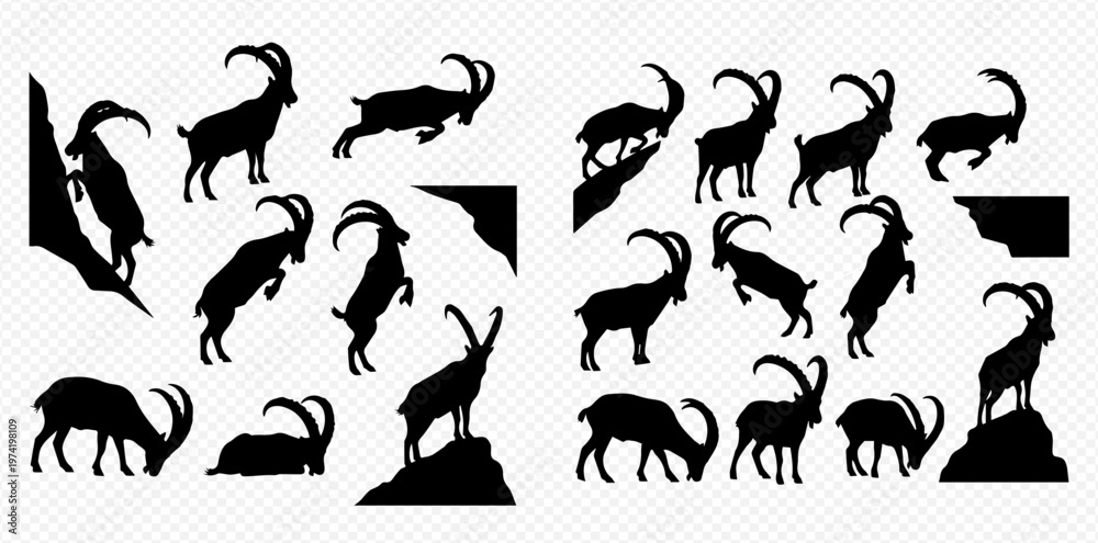 Ταπετσαρία Set of ibex and mountain goat silhouettes in various poses, vector illustration for wildlife and nature designs