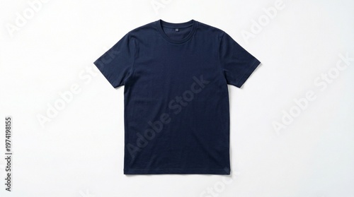 A casual navy blue t-shirt lies flat on a clean white surface.