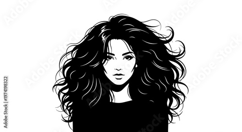 Stylized black and white illustration of a woman with long, wavy hair cascading around her face, creating a dramatic and bold visual impact against a plain background
