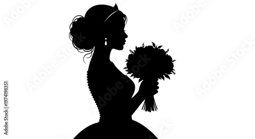 Silhouette of a bride holding a bouquet in a garden setting, captured in elegant black and white, highlighting the intricate details of her dress and hairstyle
