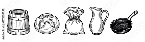 Set of hand drawn rustic farm food and cookware. Vintage engraving style vector illustration for bakery, restaurant menu, or farmhouse branding. Includes bread, pan, and jug.