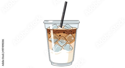 Illustration of an iced latte with a black straw in a clear cup, showcasing layers of coffee and milk against a white background