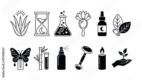 A set of minimal vector icons for natural beauty and skincare. Perfect for cosmetic brands, wellness blogs, and eco-friendly product packaging. Includes line and glyph styles.