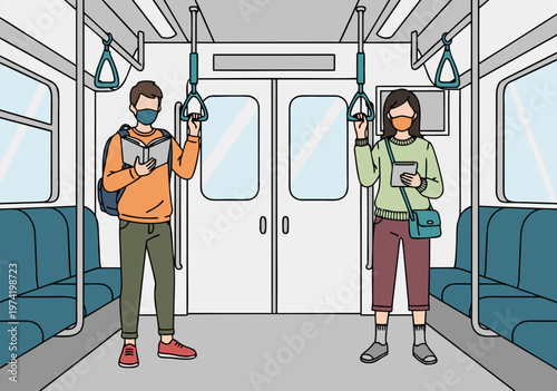 Vector illustration of man and woman commuting in subway train wearing face masks during pandemic
