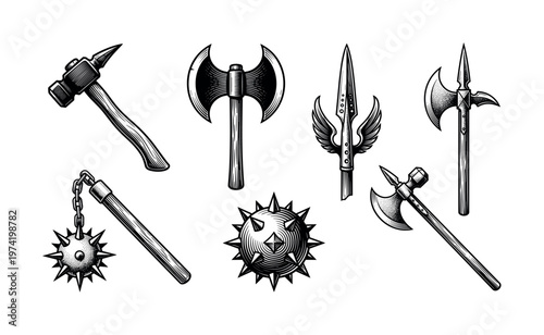 A set of medieval weapons in a vintage woodcut style. Includes axe, hammer, mace, and spear. Perfect for fantasy, history, or gaming designs, logos, and emblems. Vector.