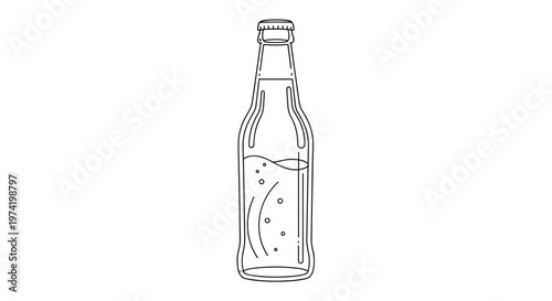 Minimalist illustration of a bottle of orange soda with fizzy bubbles, outlined in black and white, against a plain background