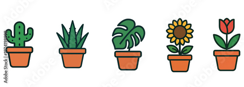 Flat design potted plant icon set featuring cactus and flowers