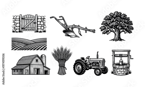 A set of vintage farm and agriculture icons in a retro woodcut style. Includes a barn, tractor, and plow. Perfect for rustic branding, logos, and organic food packaging.