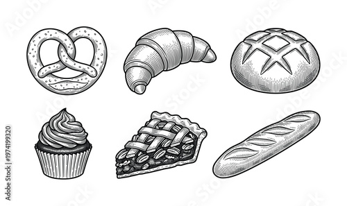 A set of vintage style bakery illustrations. Includes bread, croissant, cupcake, pie, and pretzel. Perfect for menus, logos, packaging, and branding for a bake shop or cafe.