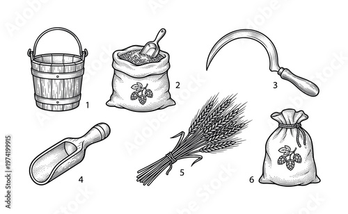 Set of vintage brewing and farming elements. Hand-drawn engraving style illustrations of malt sack, hops, wheat, sickle, bucket, scoop. Perfect for brewery branding or labels.