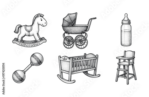A vintage set of baby accessories including a horse, crib, and stroller. Black and white engraving style illustration for newborn announcements or baby shower invitations.